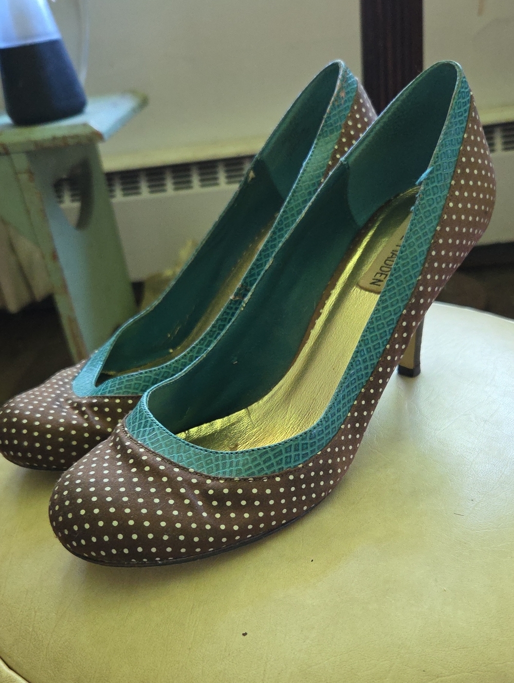 Steve Madden Brown Polka Dot Pumps with Teal Trim